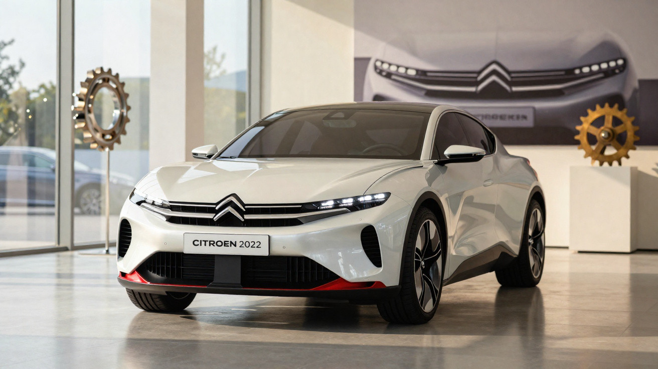 Carro Citroën 2022 branco exibido em showroom moderno com decoração minimalista.