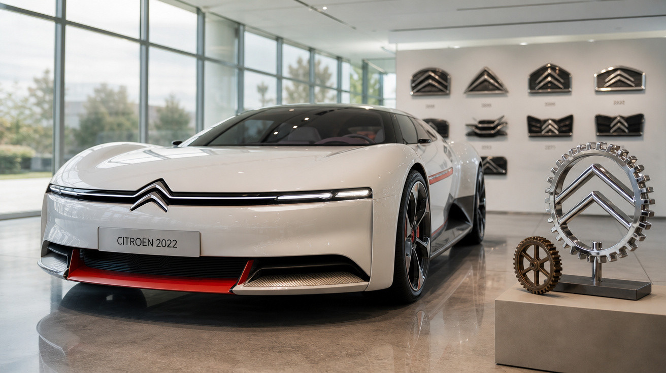 Carro conceitual branco Citroën 2022 exposto em salão com logotipos da marca na parede ao fundo.