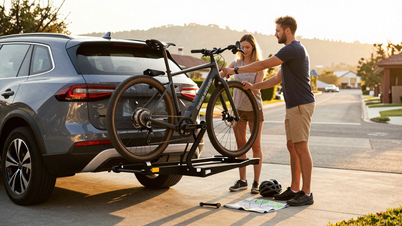 Casal prende bicicleta elétrica em suporte traseiro de carro SUV cinza em rua residencial ao pôr do sol.