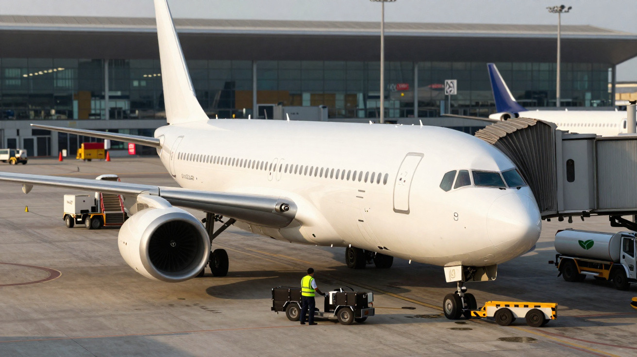 Avião branco estacionado no portão do aeroporto com trabalhador ao lado e caminhão de combustível.
