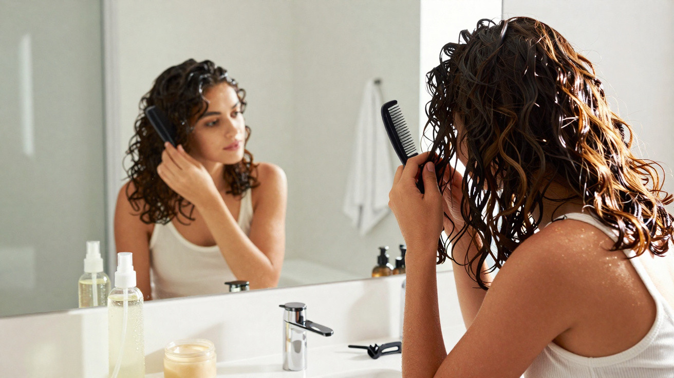 Mulher penteando cabelo molhado diante de espelho em banheiro branco.