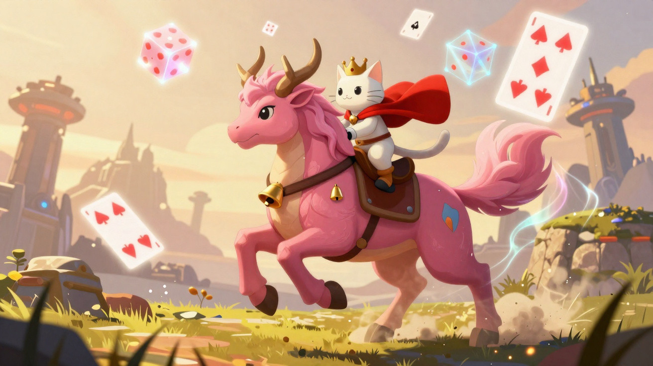 Gato com coroa e capa vermelha montado em cavalo rosa com chifres, em paisagem de fantasia com cartas e dados flutuantes.