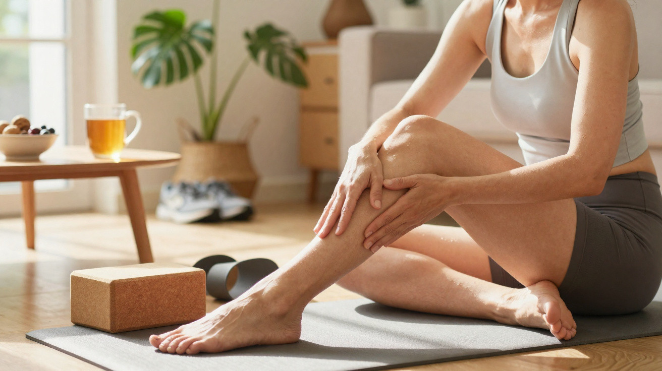 Pessoa sentada em tapete de yoga massageando a perna em ambiente claro e confortável.