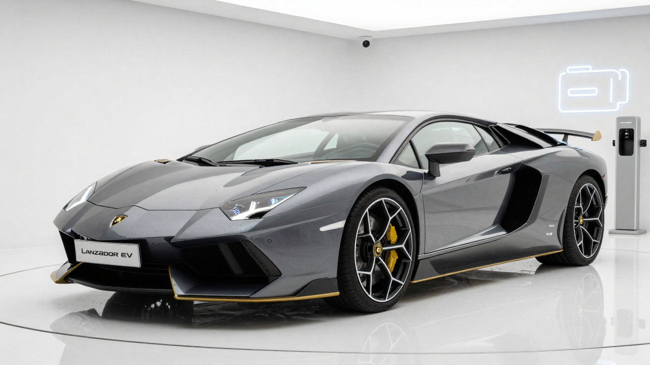 Carro esportivo Lamborghini cinza escuro modelo Lanzador EV estacionado em ambiente branco com estação de recarga elétrica.