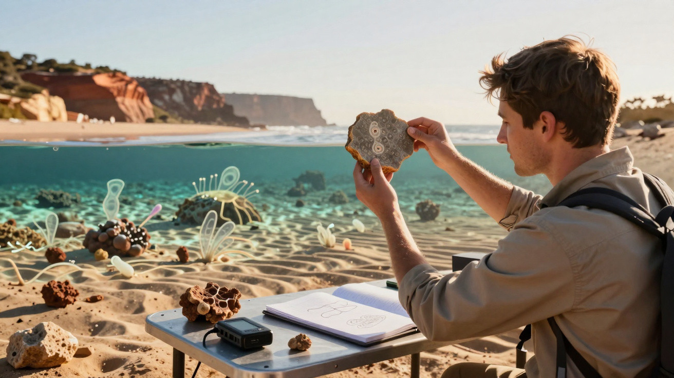 Homem estudando fósseis na praia, com anotações e criaturas marinhas ilustradas na água transparente.