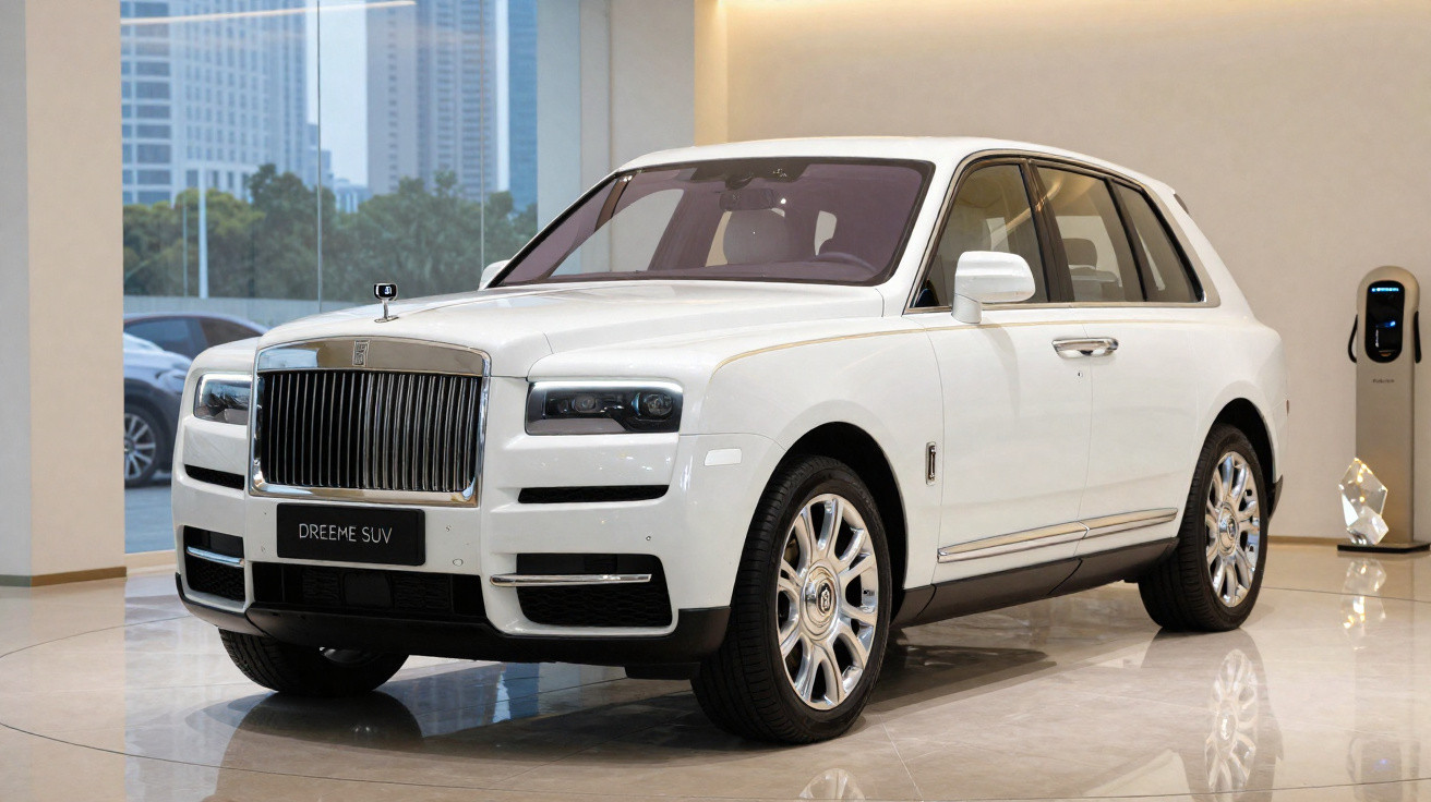 SUV branco de luxo Rolls-Royce Dreame exibido em showroom moderno com piso brilhante.