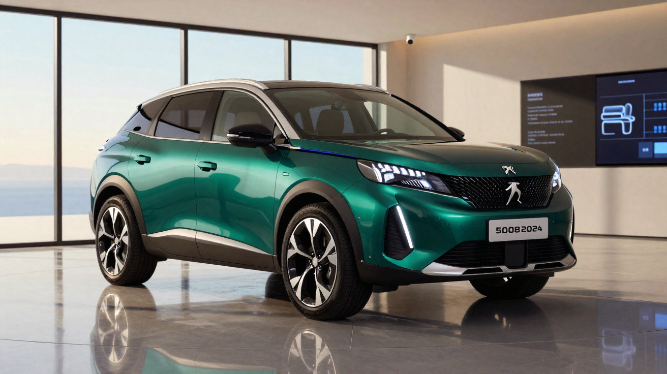 SUV Peugeot 5008 2024 verde com teto preto em ambiente interno moderno e iluminado.