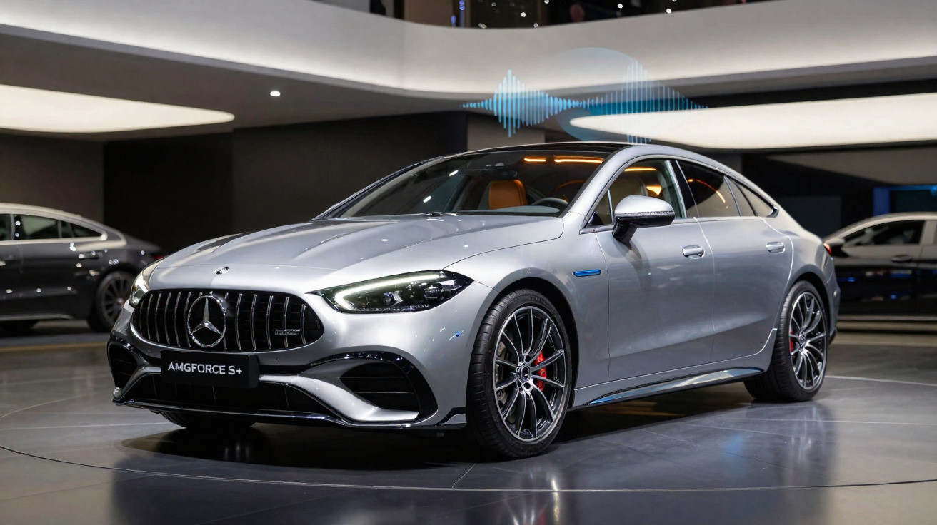 Carro Mercedes-Benz AMG prata exibido em salão de automóveis moderno e iluminado.