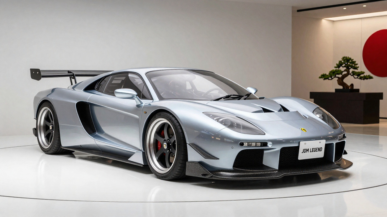 Carro esportivo prata com aerofólio traseiro, exibido em ambiente interno com piso branco e planta decorativa.