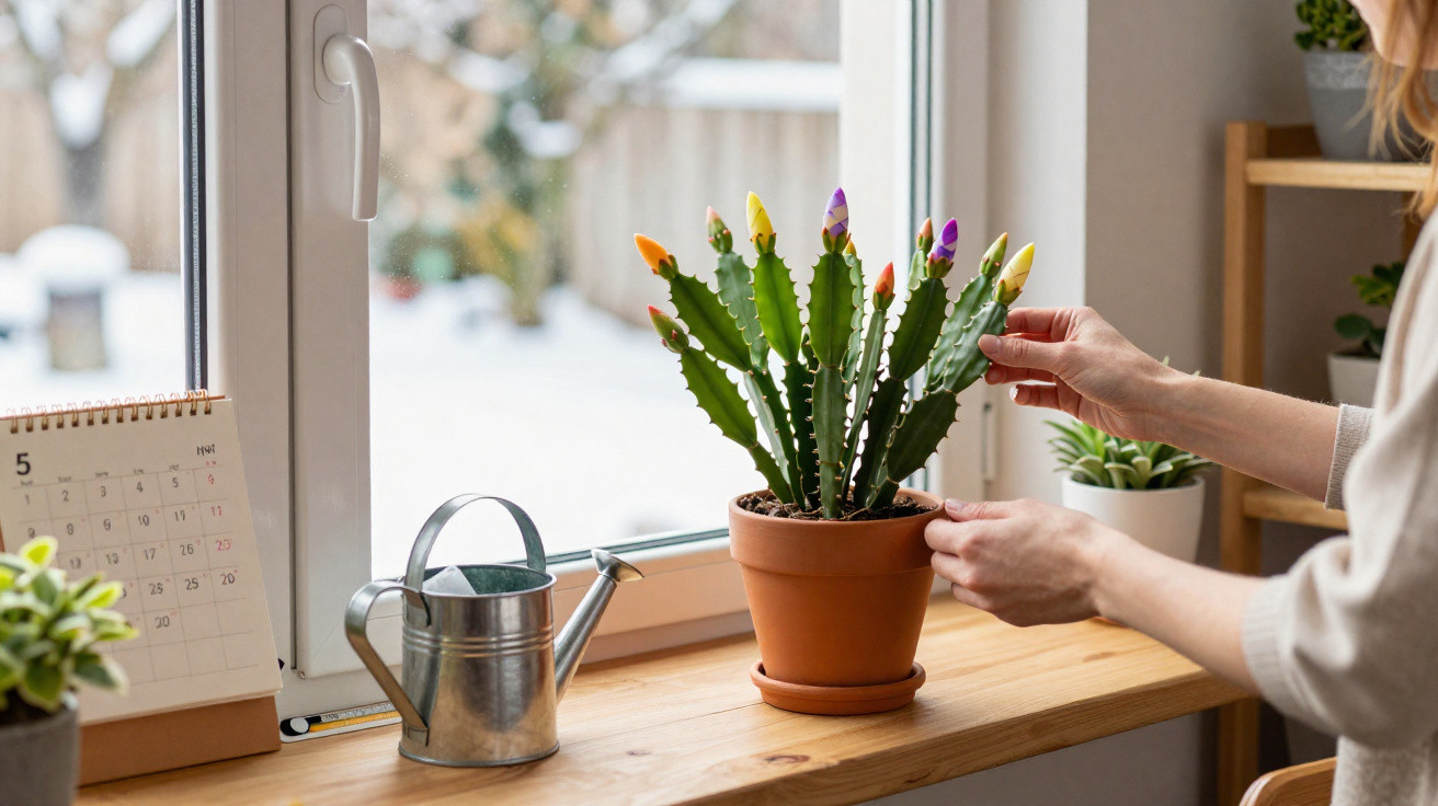 Mãos cuidando de cacto com flores coloridas em vaso na janela com regador e calendário ao lado.