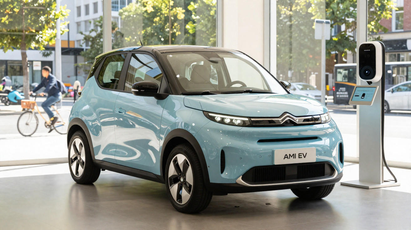 Carro elétrico compacto azul Citroën AMI EV exposto em showroom com carregador ao fundo.