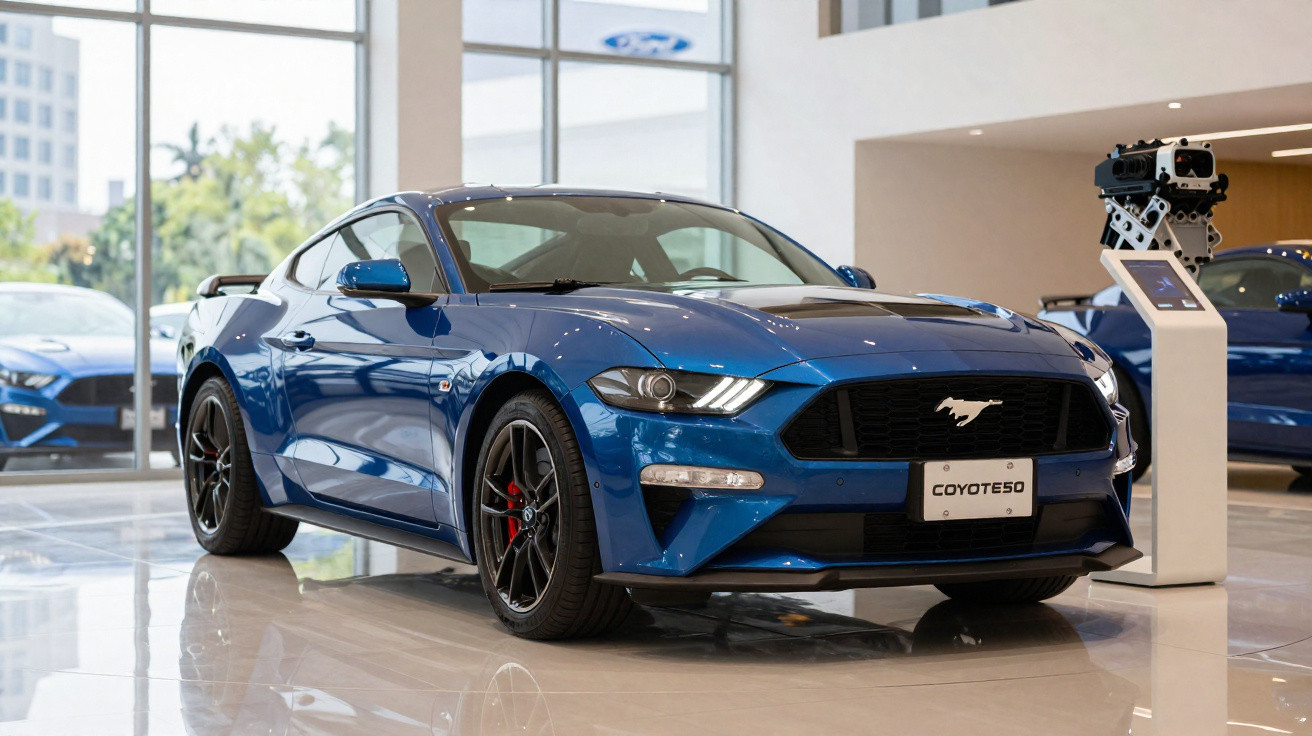 Carro esportivo azul Ford Mustang exibido em showroom moderno com piso branco brilhante.
