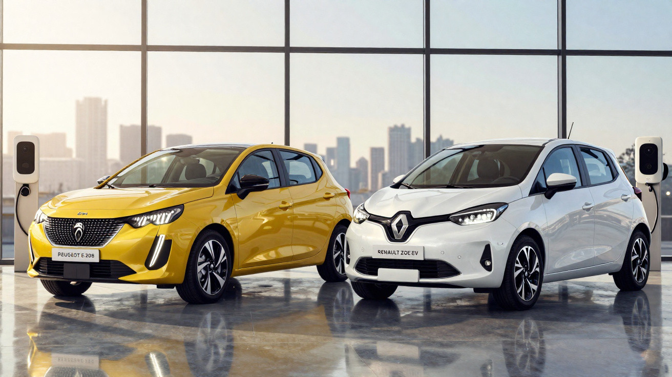 Dois carros compactos elétricos, Peugeot e-208 amarelo e Renault Zoe branco, em showroom com carregadores.