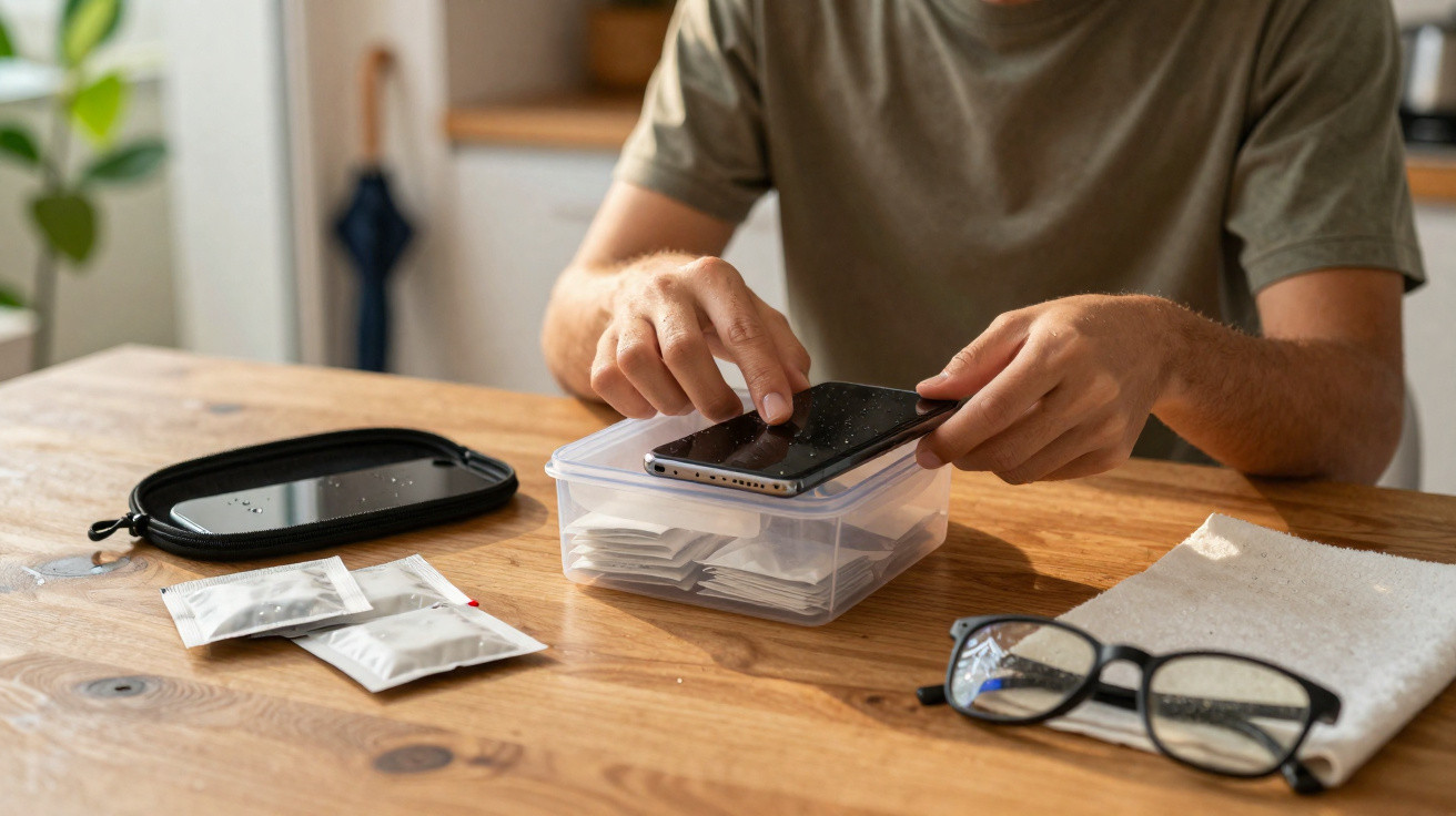 Pessoa usando saco dessecante para secar um celular molhado em recipiente plástico sobre a mesa.