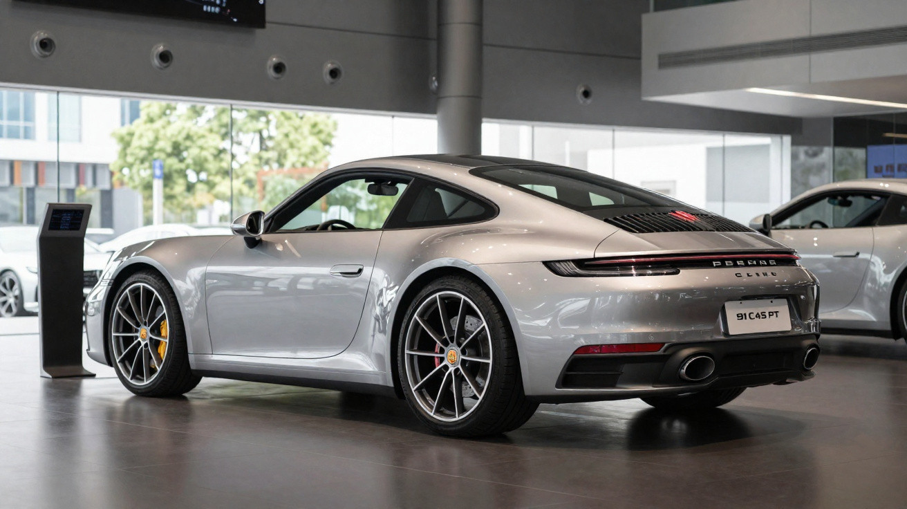 Carro esportivo prata Porsche 911 Carrera estacionado em showroom moderno com piso escuro.