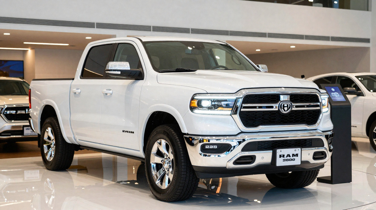 Picape branca RAM 2500 exibida em showroom moderno com acabamento cromado e faróis acesos.