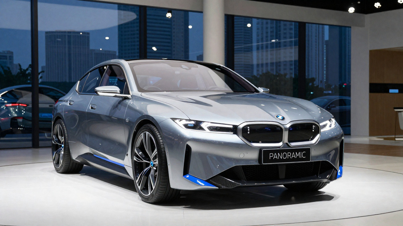 Carro esportivo prata BMW modelo Panoramic exposto em showroom moderno com vidro ao fundo.