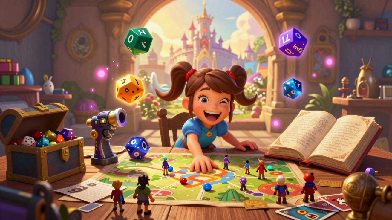 Menina animada jogando tabuleiro colorido com dados flutuantes em sala iluminada e castelo ao fundo.