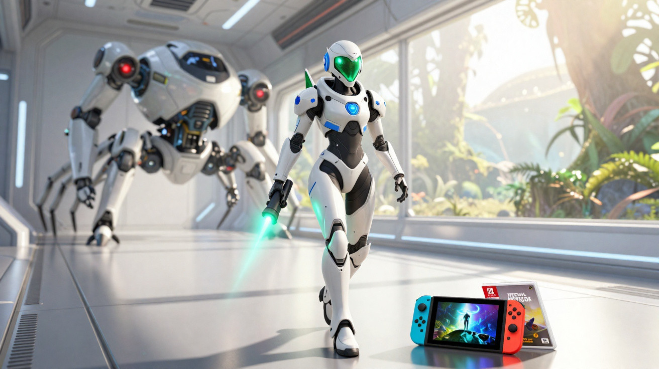 Robô futurista com espada de luz e robô grande ao fundo em ambiente iluminado e Nintendo Switch à frente.