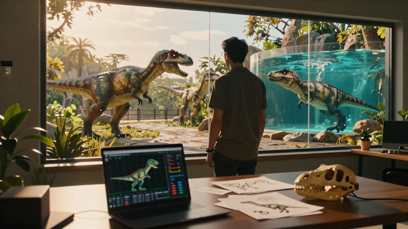 Pessoa observa dinossauros em área externa por janela grande, com computador, desenhos e crânio em mesa.