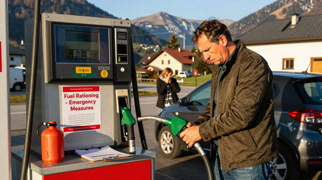 Homem abastecendo carro em posto com aviso de racionamento de combustível em área montanhosa.
