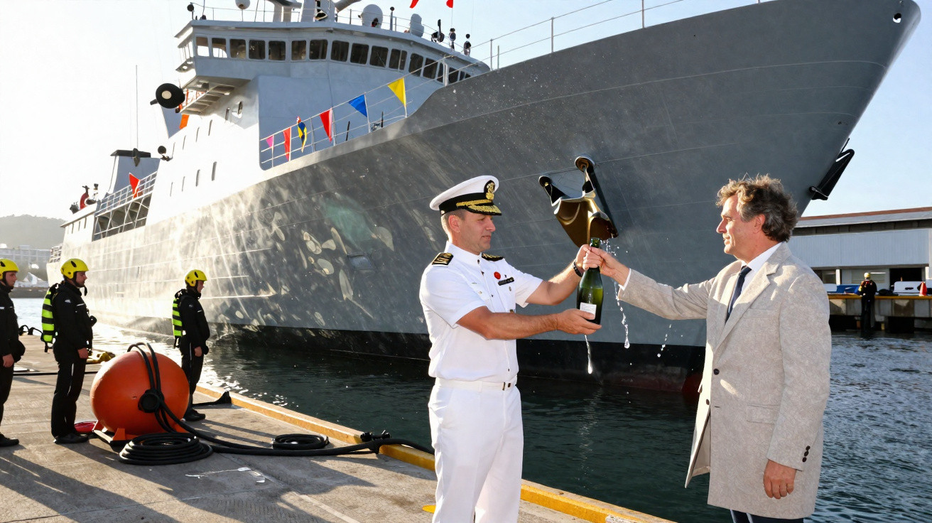 Homem em uniforme naval e outro em terno estouram champanhe celebrando lançamento de navio no cais.