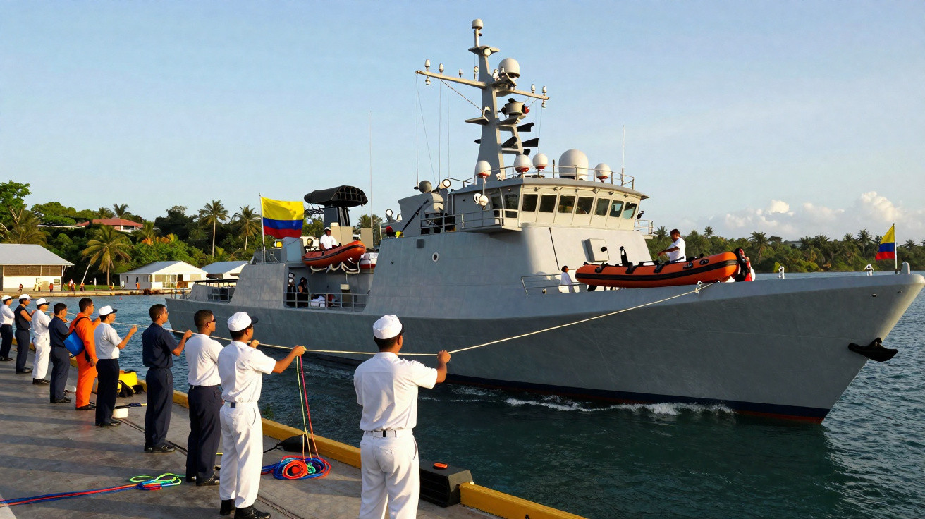 Marinheiros atracam navio militar cinza com bandeira da Colômbia em cais perto de área tropical.