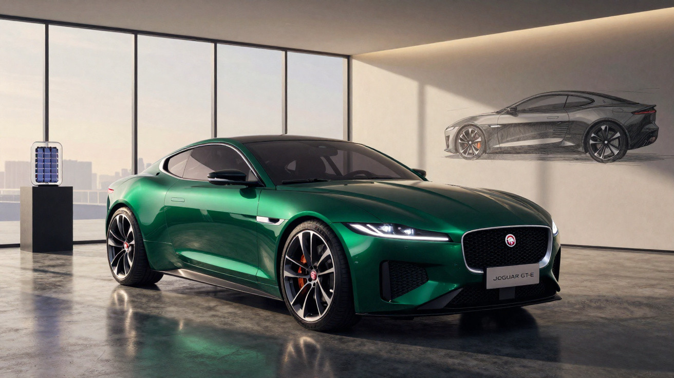 Carro esportivo verde Jaguar GT-E em sala moderna com desenho do mesmo modelo na parede.