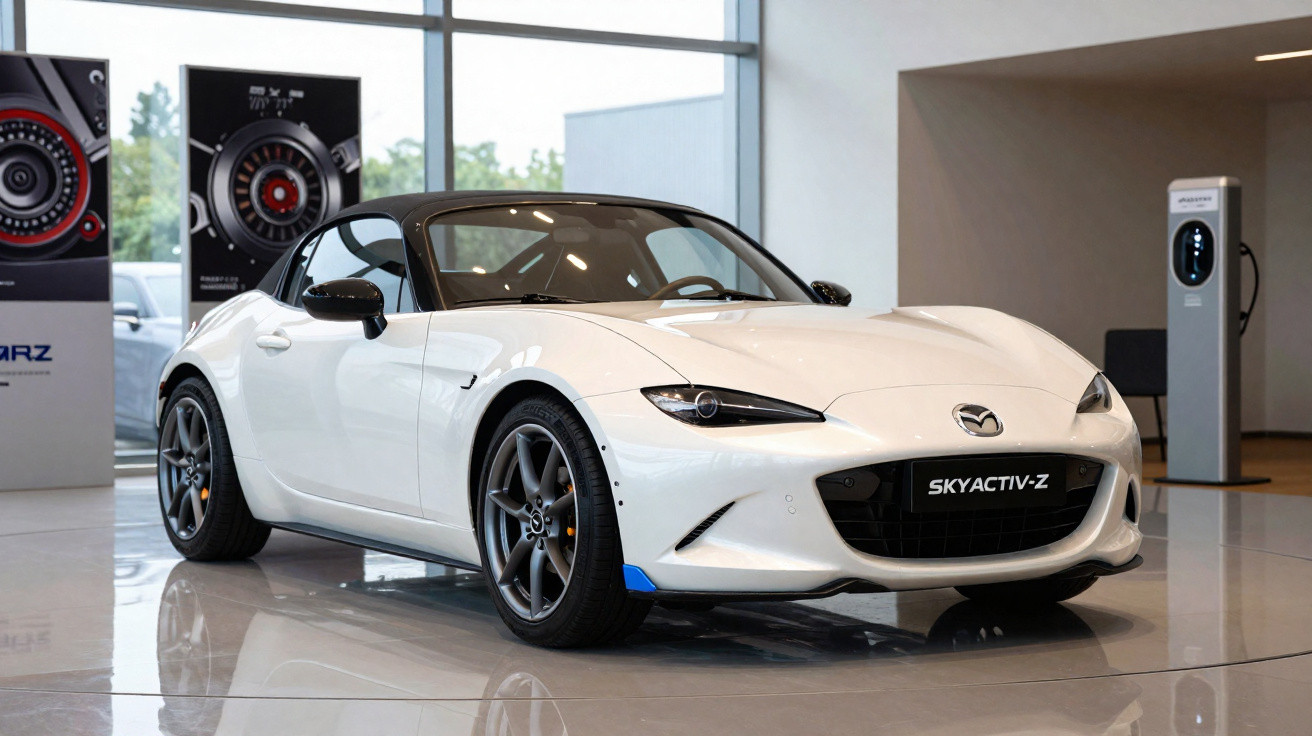 Carro esportivo branco Mazda Skyactiv-Z em exposição dentro de showroom moderno.