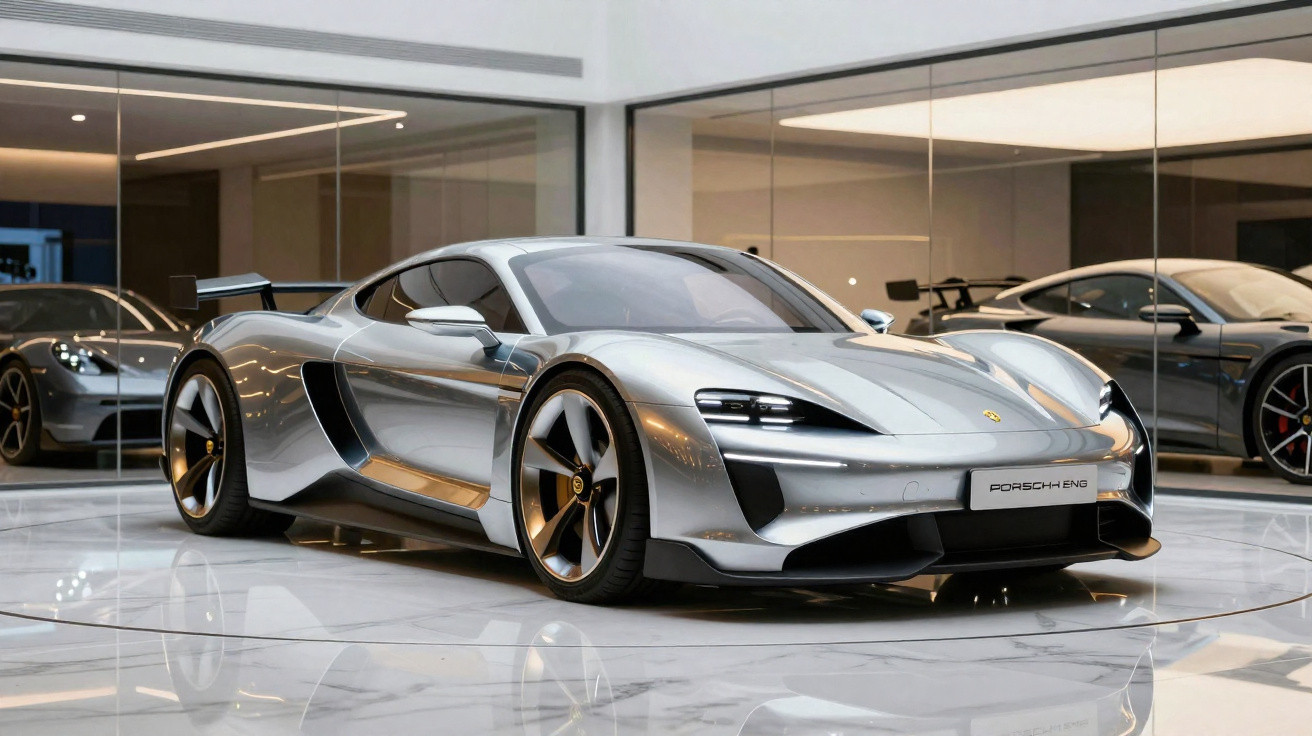 Carro esportivo prata Porsche Taycan exibido em showroom moderno com piso branco e paredes de vidro refletivas.
