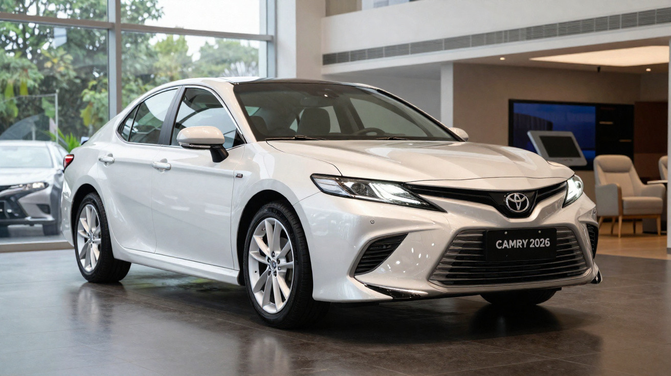 Carro branco Toyota Camry 2026 exibido em showroom moderno e iluminado.