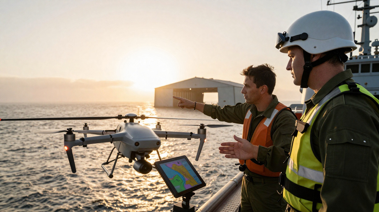 Dois homens em roupa militar operam um drone sobre o mar ao pôr do sol em um navio.
