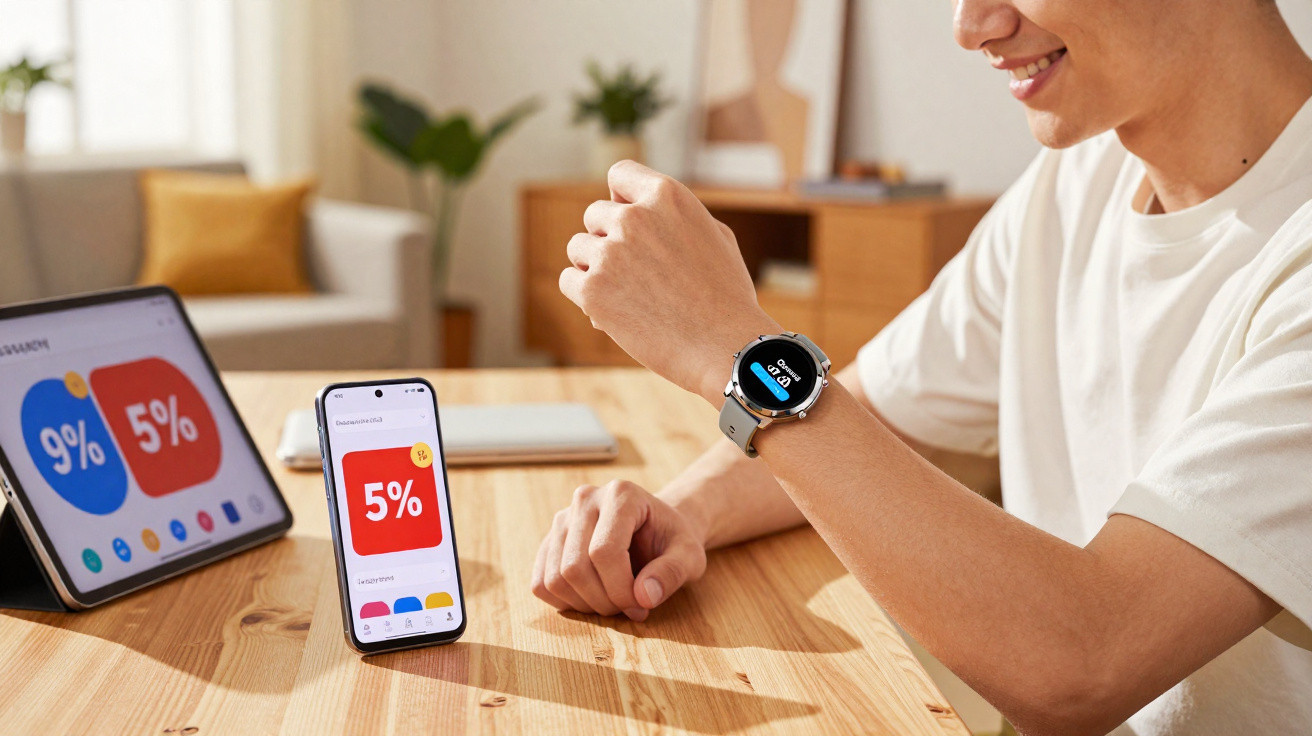 Pessoa sorrindo olhando para smartwatch no pulso, com smartphone e tablet mostrando gráficos sobre mesa de madeira.