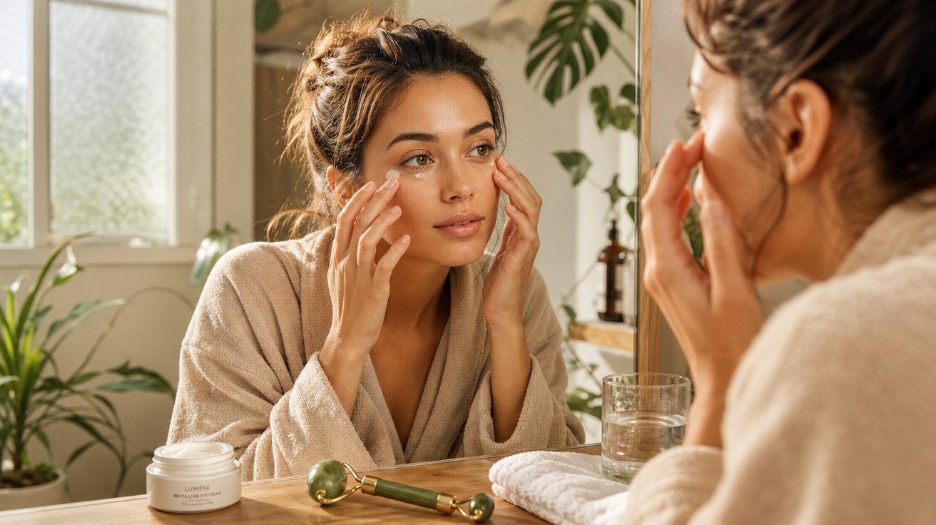 Mulher aplicando creme facial no rosto em frente ao espelho em ambiente iluminado e com plantas.