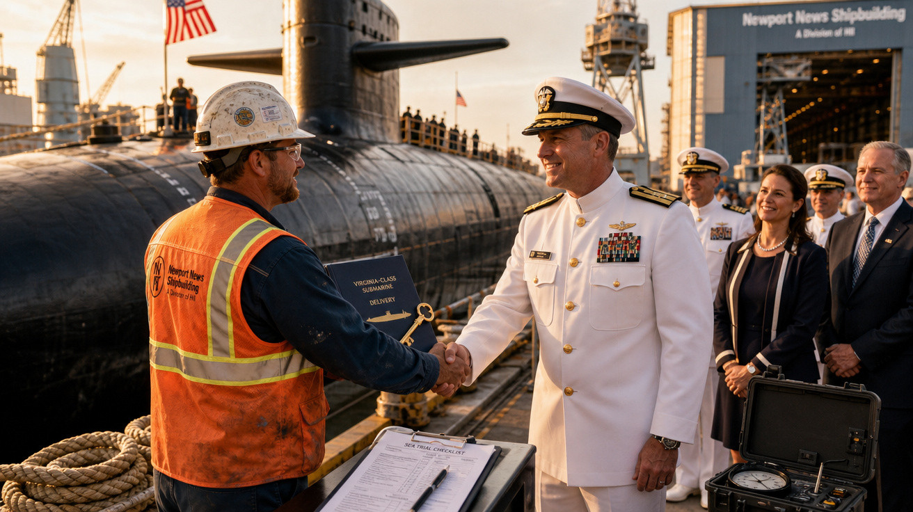Oficial da Marinha em uniforme branco cumprimenta trabalhador com colete laranja próximo a submarino.