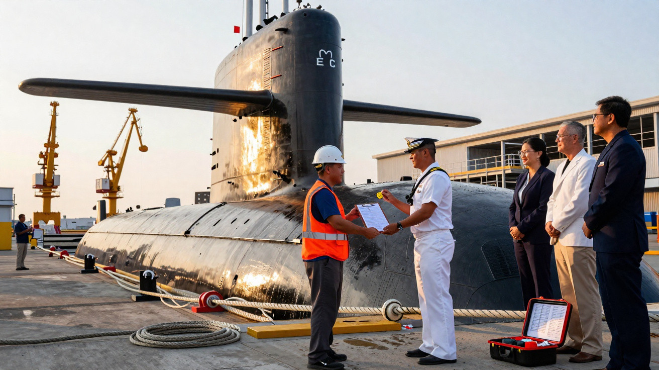 Homem de capacete recebe documento de oficial naval em frente a submarino preto ancorado em porto industrial.