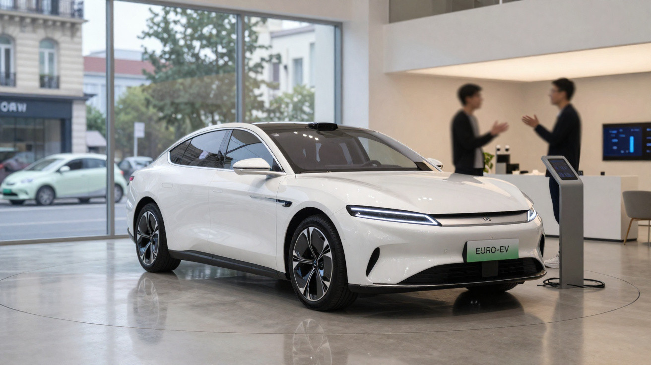 Carro elétrico branco em exposição dentro de showroom moderno com pessoas ao fundo.