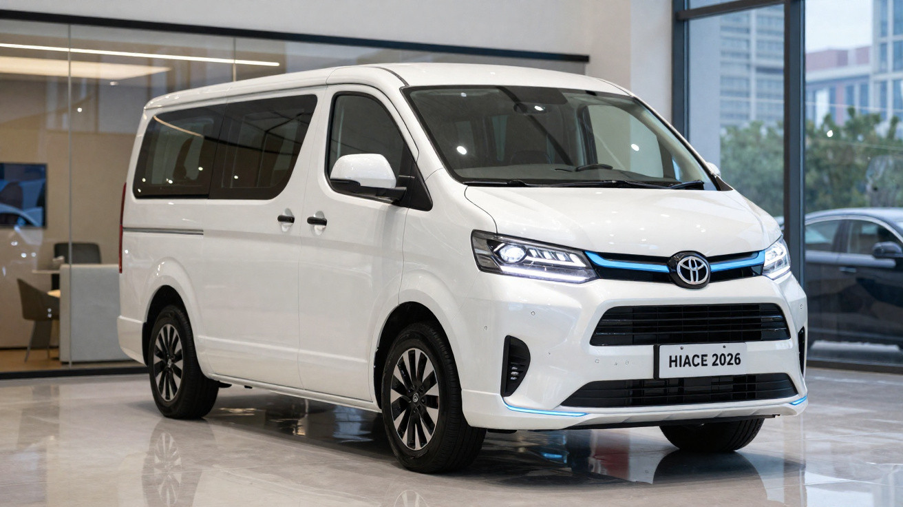 Van branca Toyota Hiace 2026 exibida em showroom moderno com janelas amplas e piso brilhante.