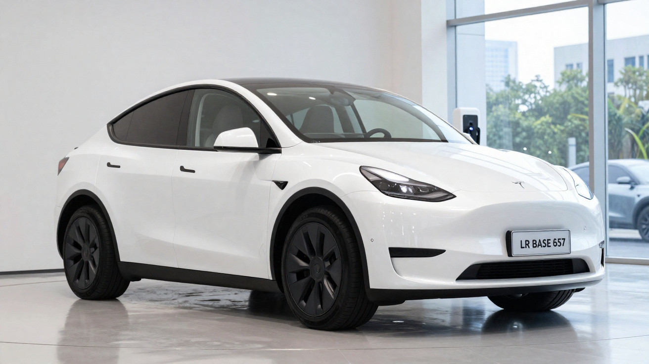 Carro elétrico Tesla branco estacionado em ambiente interno com janela grande ao fundo.