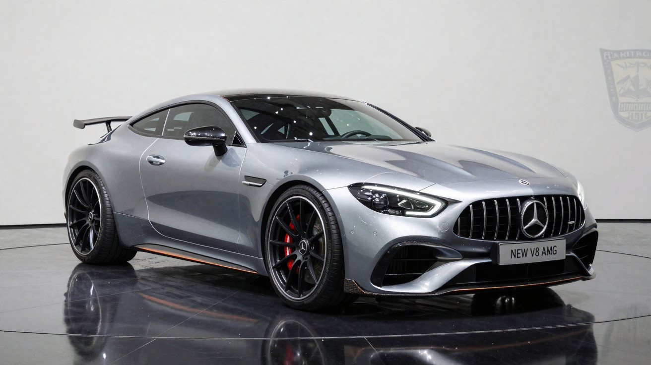 Carro esportivo prata Mercedes-Benz NEW V8 AMG em estúdio com fundo branco e piso reflexivo.