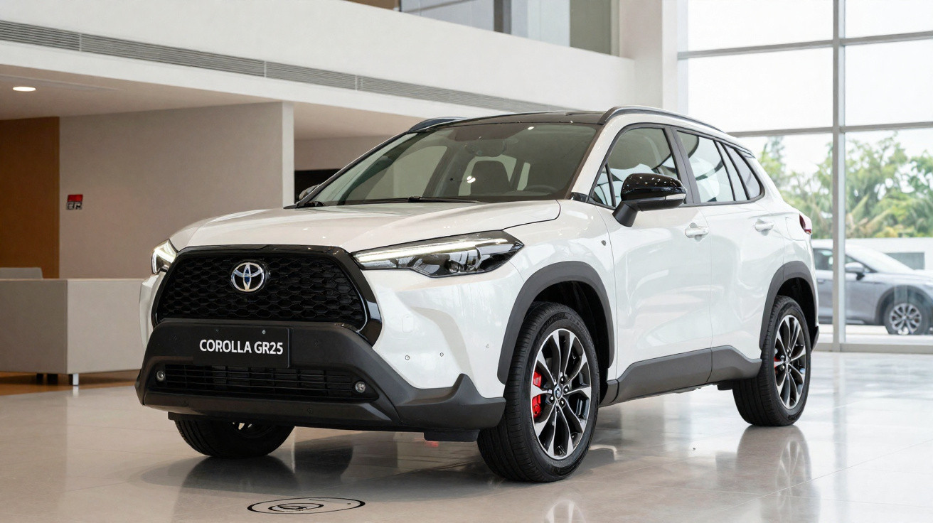 Carro branco Toyota Corolla GR25 SUV exposto em showroom moderno com piso brilhante.