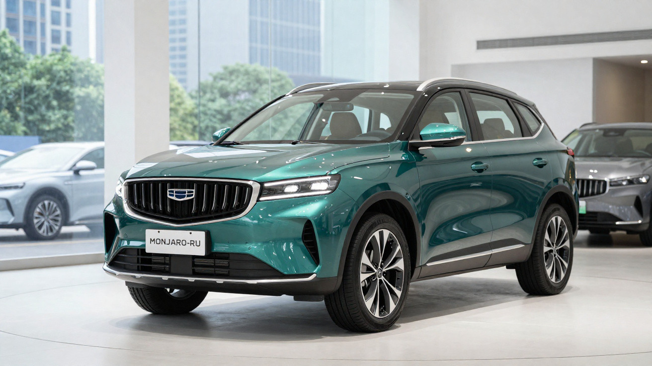 Carro SUV verde Geely Monjaro-RU exibido em showroom moderno com outras viaturas ao fundo.