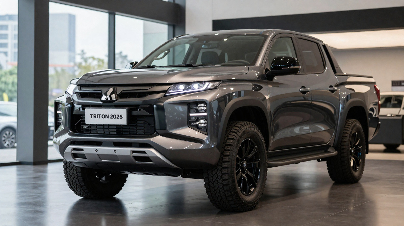 Picape Mitsubishi Triton 2026 cinza exibida em showroom moderno com iluminação natural.
