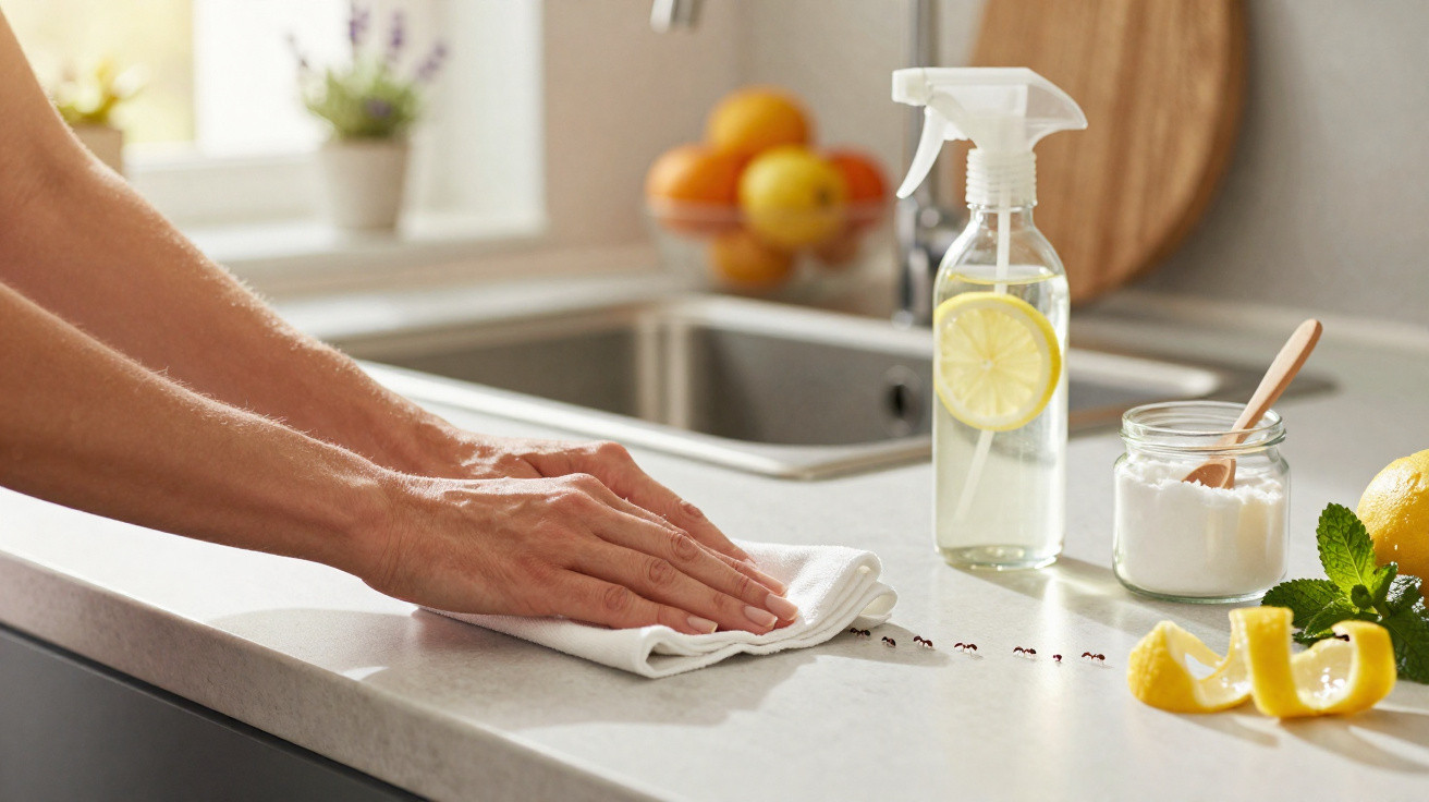Mãos limpando uma superfície da cozinha com pano, perto de spray de limão e ingredientes naturais.