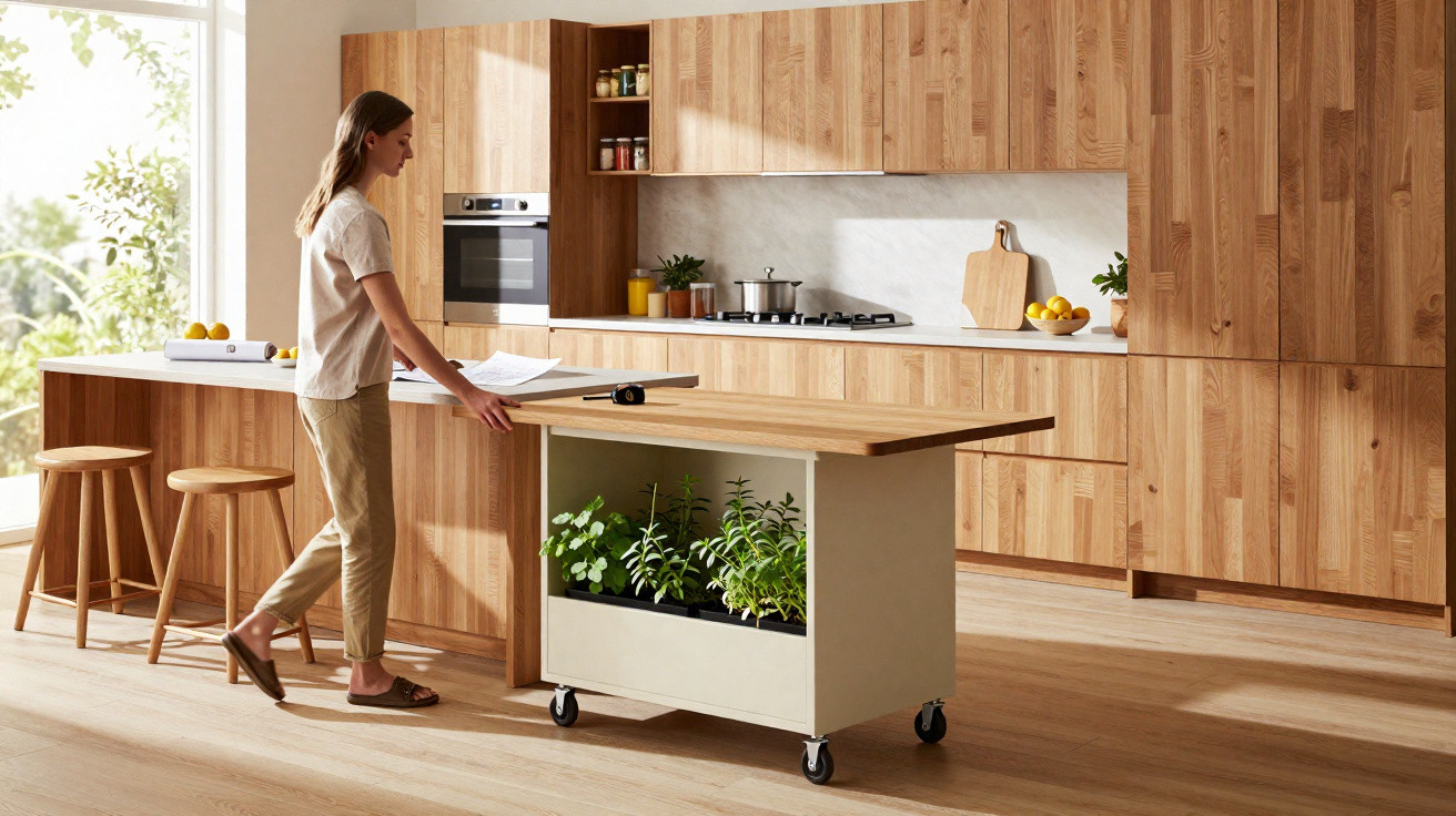Cozinha moderna com armários de madeira, ilha móvel com plantas e mulher ajustando a mesa.