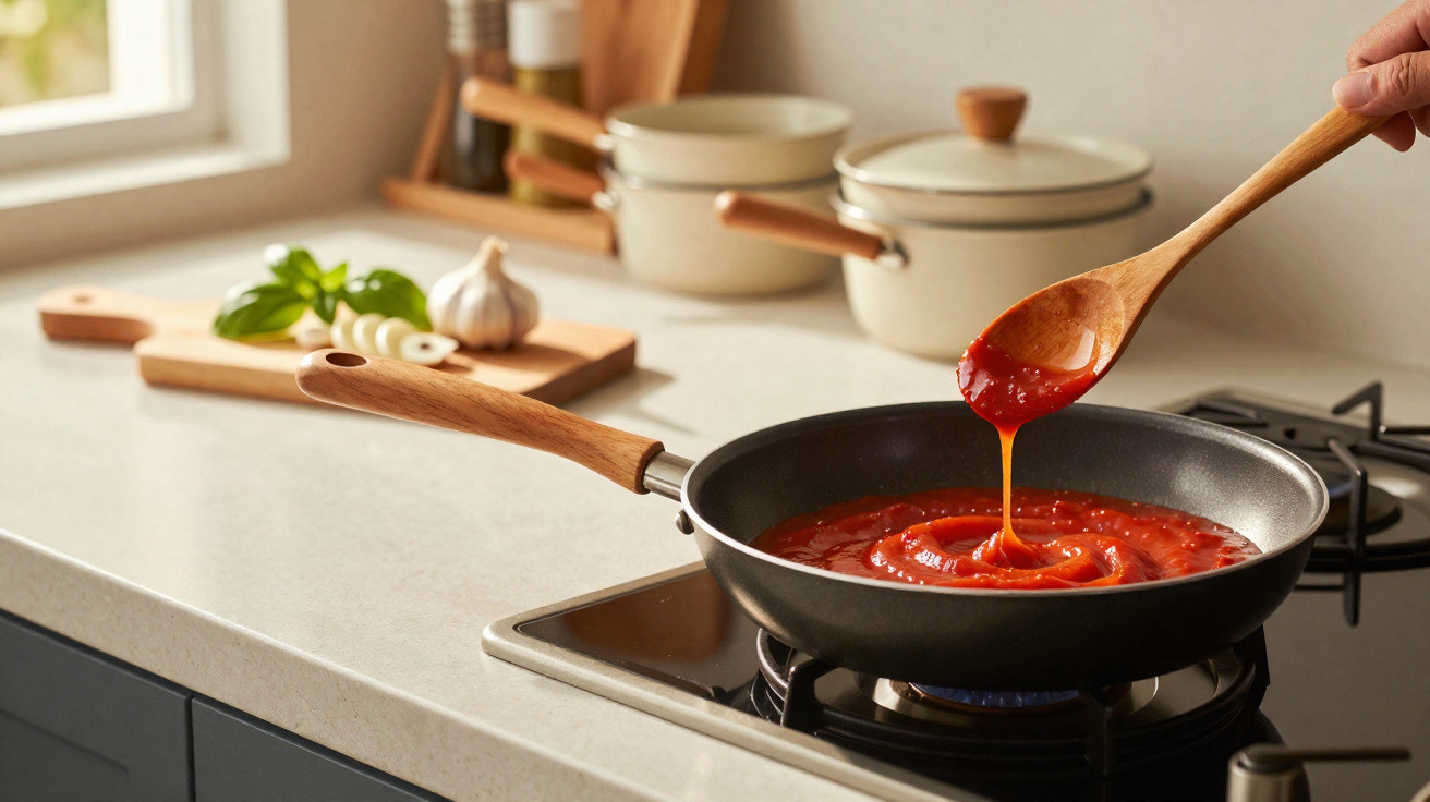 Panela com molho de tomate sendo mexido com colher de pau em fogão a gás em cozinha.
