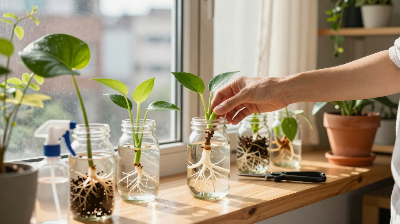 Mãos cuidando de plantas em crescimento em jarros com água à luz natural em uma janela.