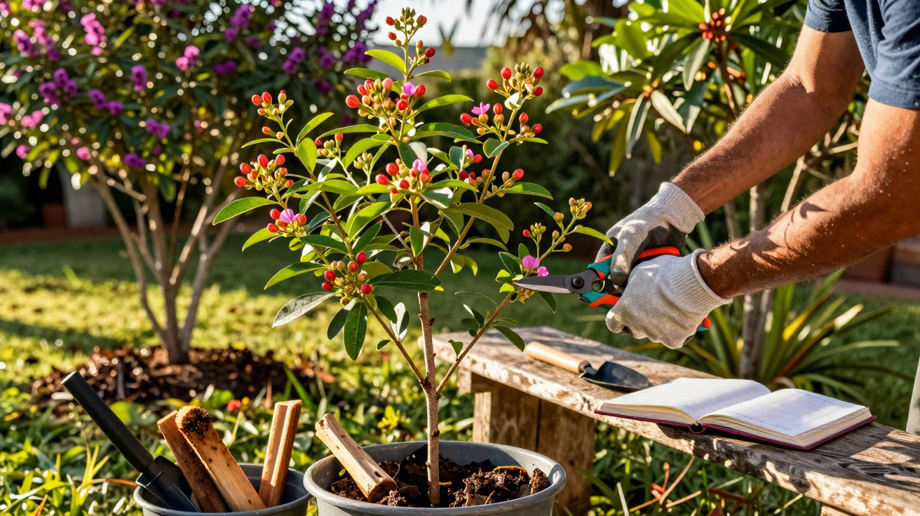 Pessoa podando planta com tesoura de jardinagem em vaso, ao lado de banco com livro aberto no jardim.
