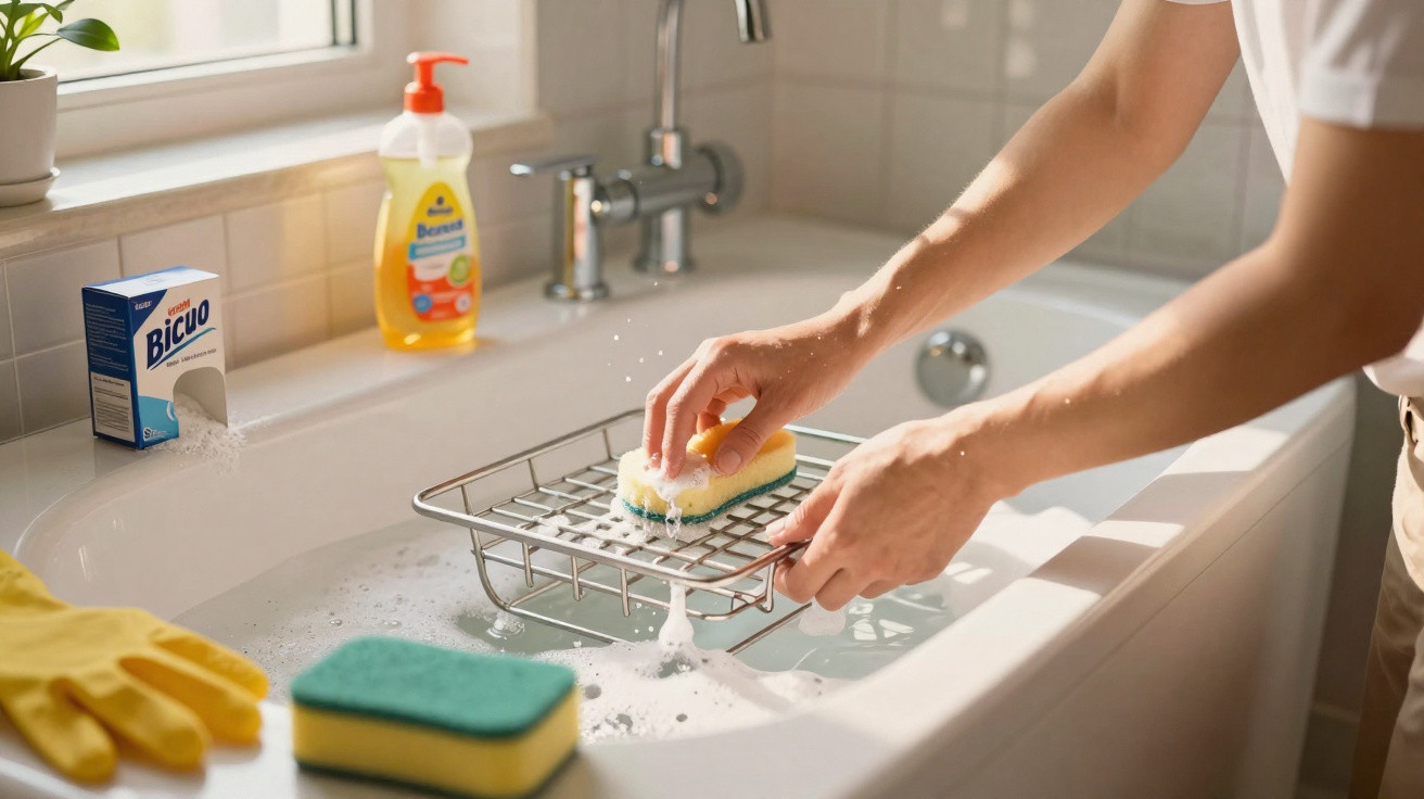 Pessoa esfregando esponja em suporte metálico sobre banheira com água e sabão, ao lado de luvas e produtos de limpeza.