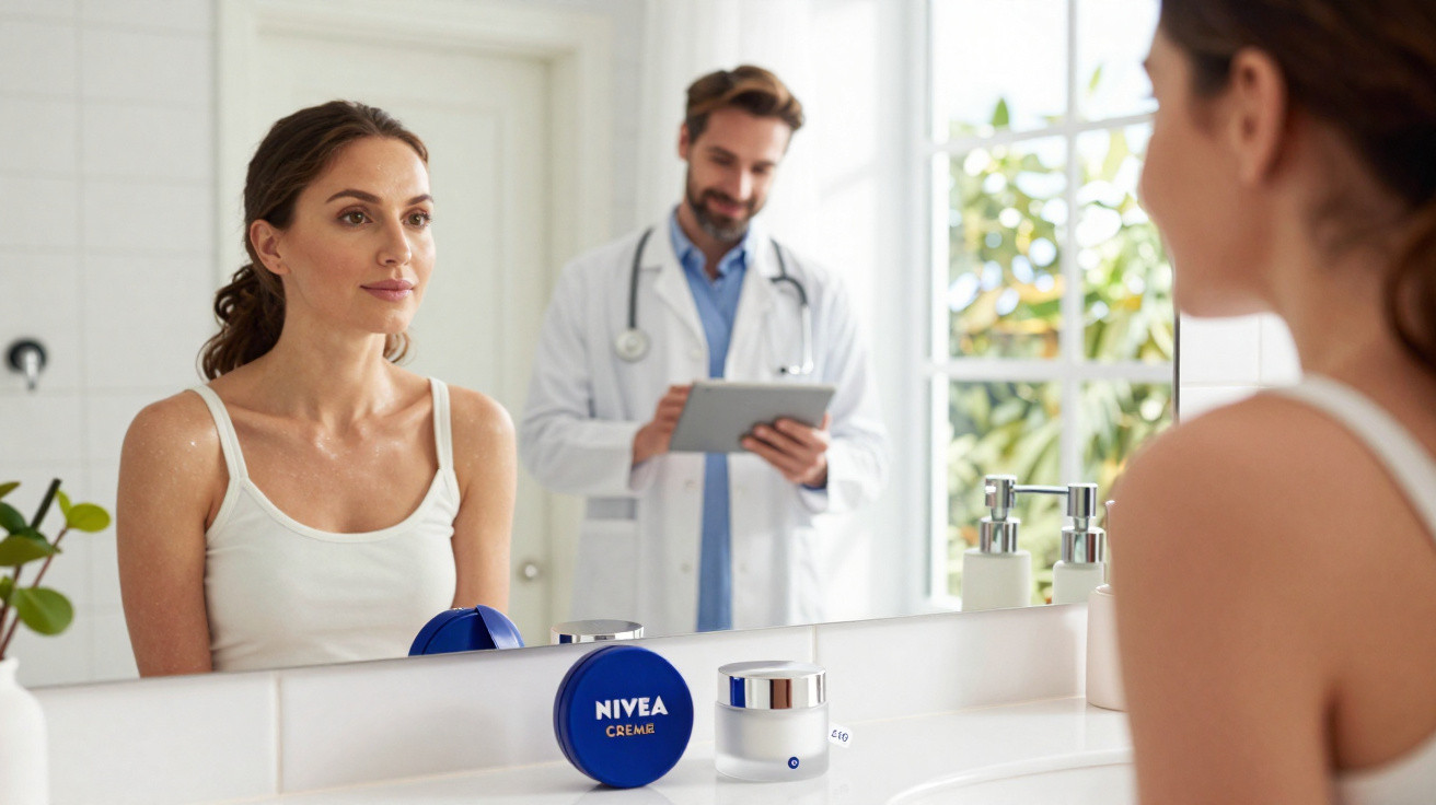 Mulher olhando no espelho com potes de creme Nivea e médico ao fundo analisando tablet.